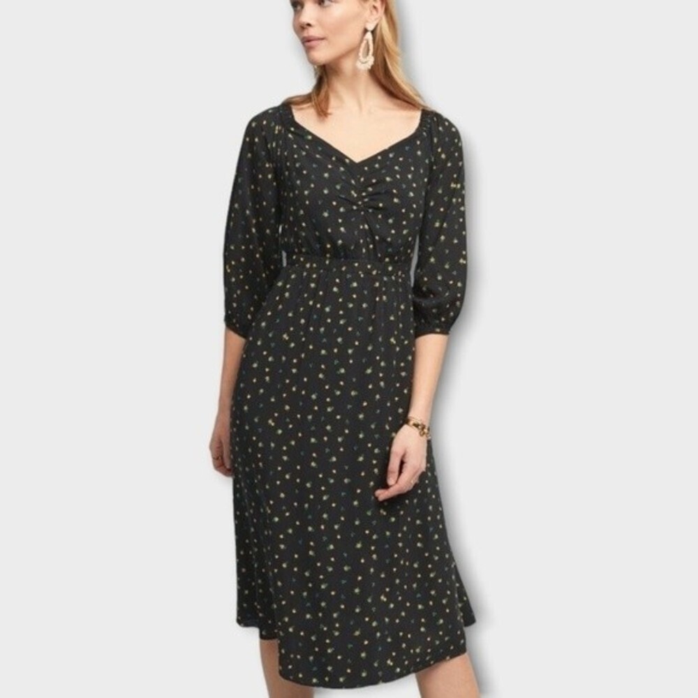 Antropologie Emmy Yellow Floral Print Black Cottagecore Dress Size 2